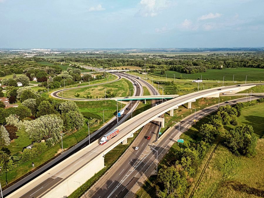 Elevated highway interchange, aerial view
